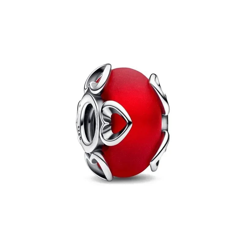 Red Frosted Glass Charm with Silver Hearts